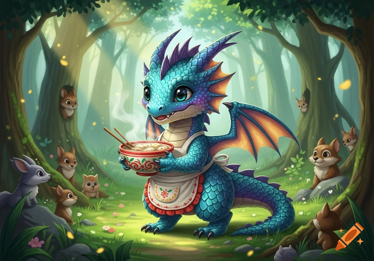 A cute blue and purple dragon wearing an apron holds a steaming bowl of dumplings in a vibrant forest, surrounded by small animals.