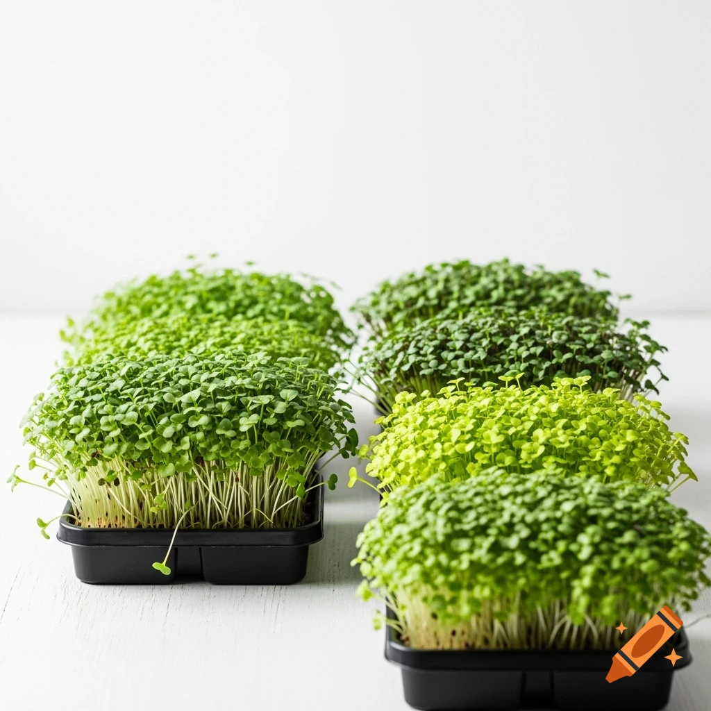 Multiple trays of vibrant green microgreens on a white surface, photorealistic.