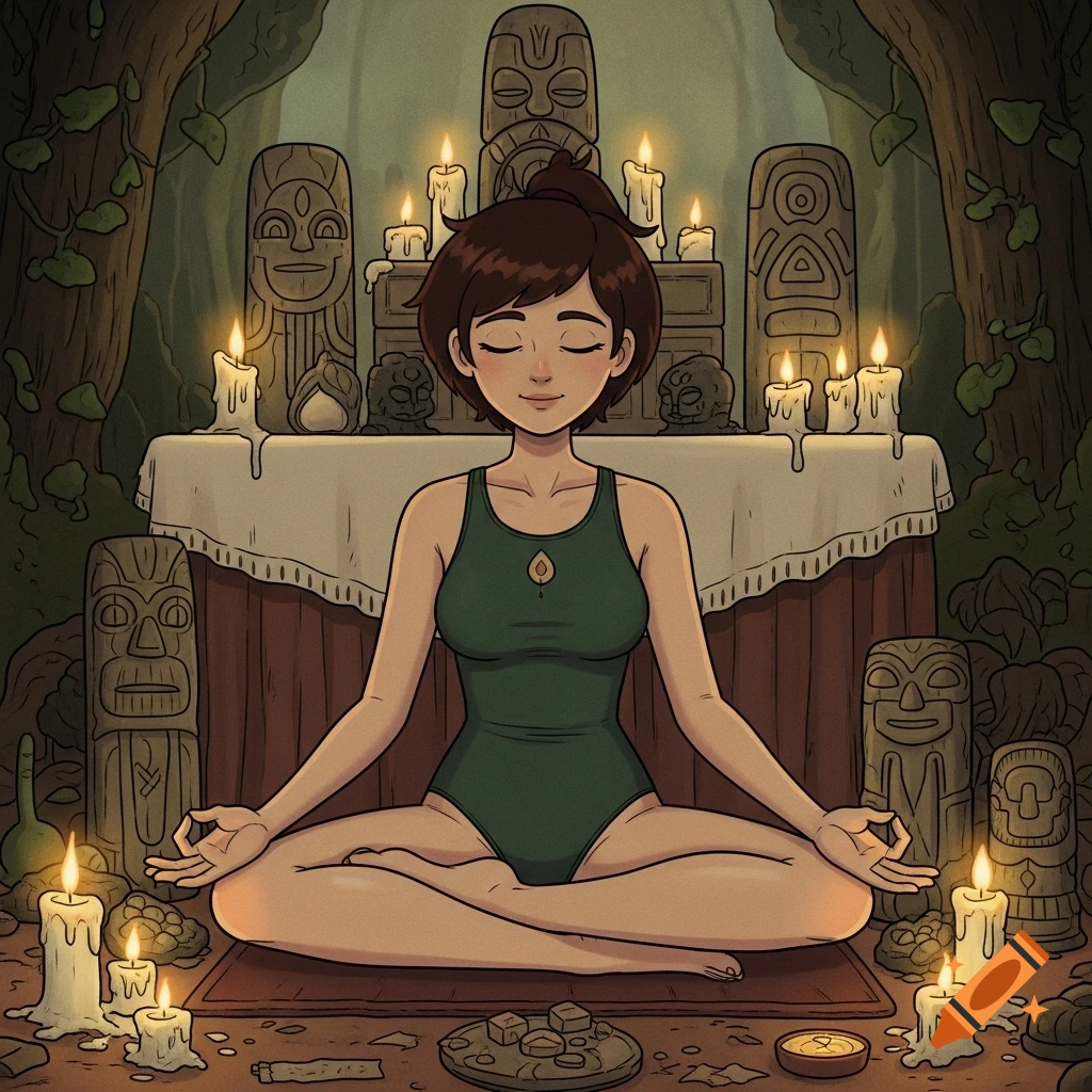 A cartoon girl in a green swimsuit meditates in the lotus position before a candlelit altar with tiki statues in a forest.