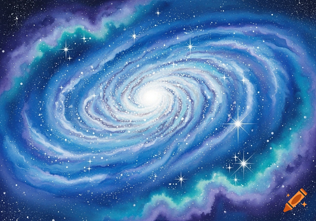 A vibrant blue watercolor painting of a spiral galaxy, featuring swirling nebulae and numerous bright, twinkling stars against a dark blue background.