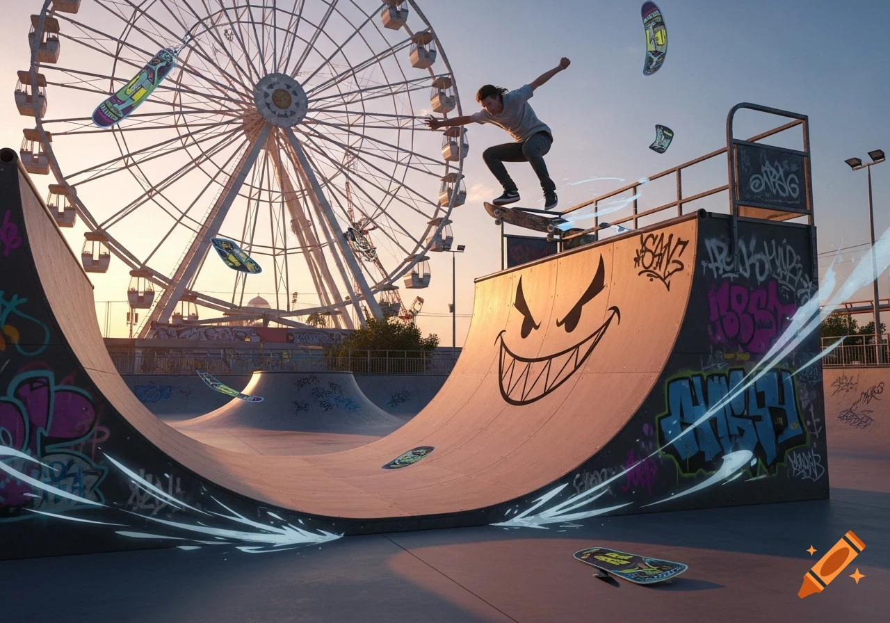 A skateboarder jumps over a ramp with a mischievous cartoon face in a vibrant skate park at sunset, with a Ferris wheel in the background.