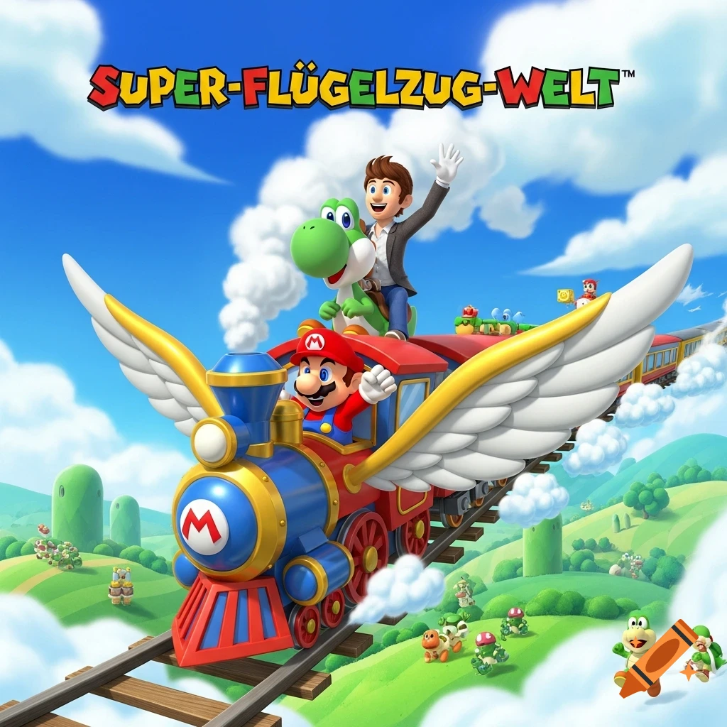 Vibrant Super Mario-style scene with Mario driving a winged train. A man rides Yoshi atop the train, waving, over a green landscape. Text reads "SUPER-FLÜGELZUG-WELT".