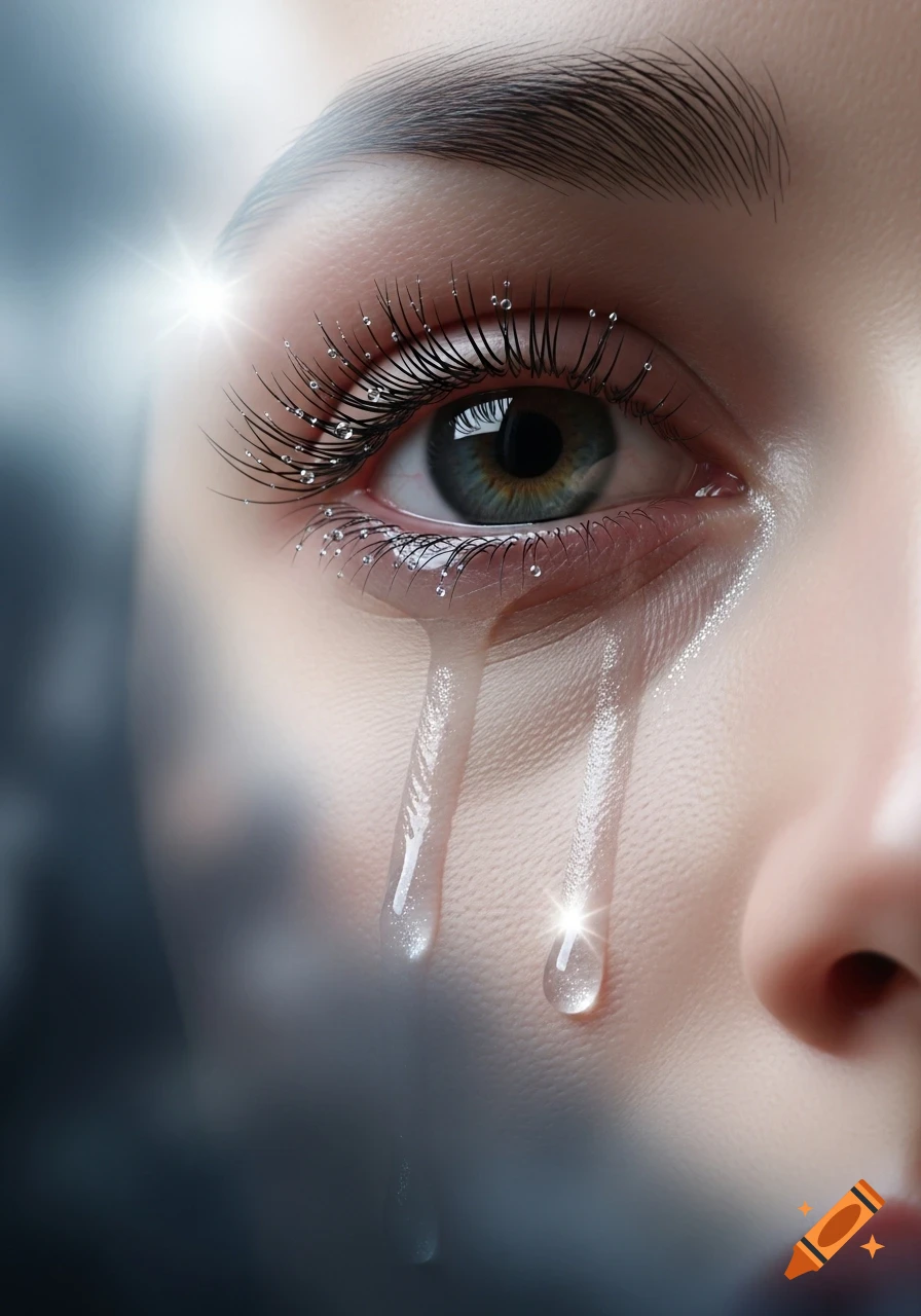 Close-up, photorealistic view of a human eye with glistening tears streaming down the cheek and sparkling eyelashes.