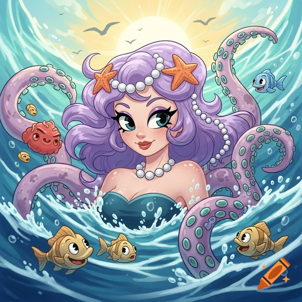 Smiling cartoon octomaid with purple hair, starfish, and pearls in wavy ocean water with fish and sun.