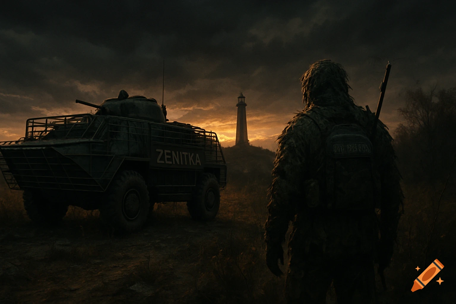 A soldier in a ghillie suit stands by an armored vehicle marked "ZENITKA," facing a lighthouse at sunset under dark, cloudy skies in a grim, post-apocalyptic style.