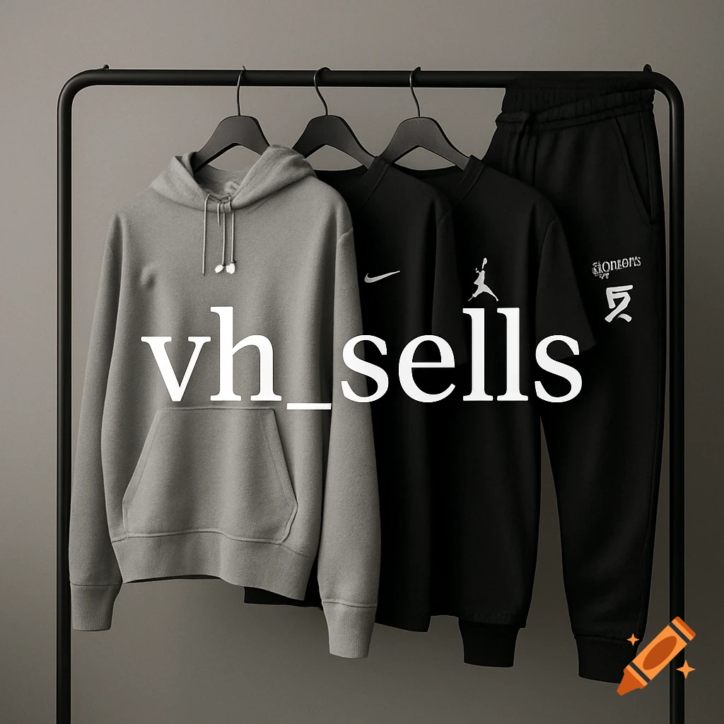 Grey hoodie, black t-shirt with Nike and Jordan logos, and black sweatpants on a clothing rack. Bold white text "vh_sells" overlays the image.