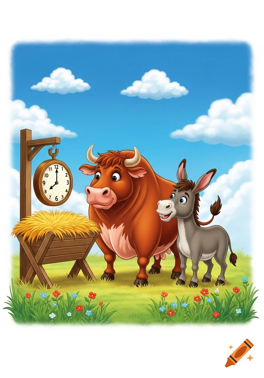 Vibrant cartoon of a brown ox and a gray donkey by a manger, looking at a clock in a sunny green field.