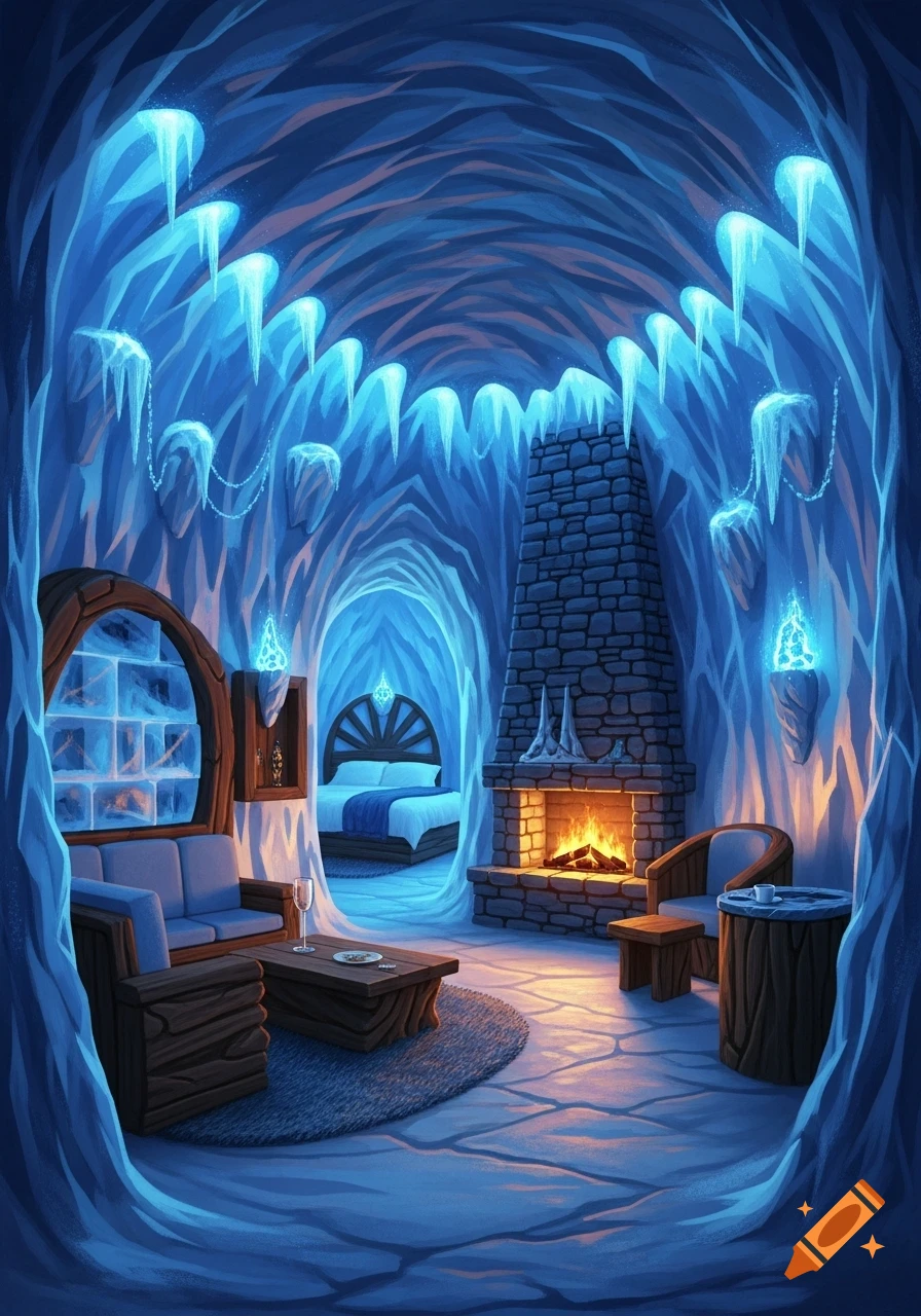 A cozy interior of a fantasy ice cave, featuring a warm fireplace, a blue sofa, a bed in an alcove, and glowing ice formations hanging from the ceiling.