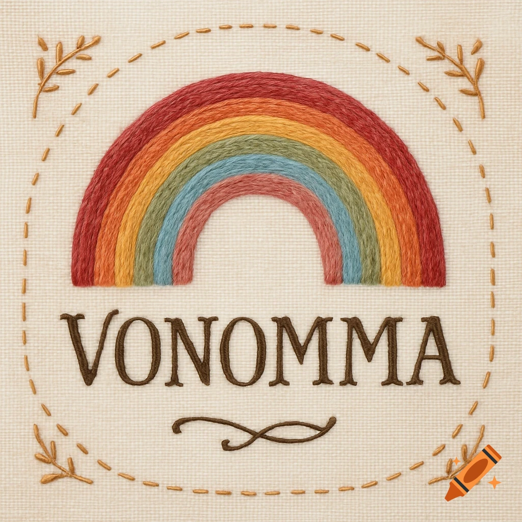 An embroidered handicraft label featuring a vibrant rainbow above the word 'VONOMMA' on a cream fabric, framed by dashed lines and leafy sprigs.