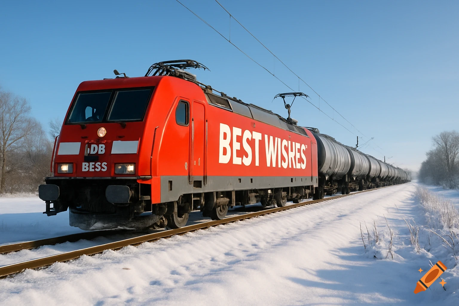 A red freight locomotive with "BEST WISHES" on its side pulls tanker wagons through a snowy winter landscape under a clear blue sky.