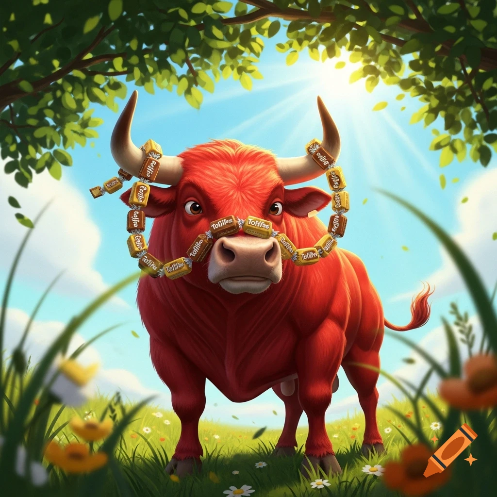 A red cartoon bull stands in a sunny green field, adorned with a necklace of Toffifee-like candies under a leafy tree.