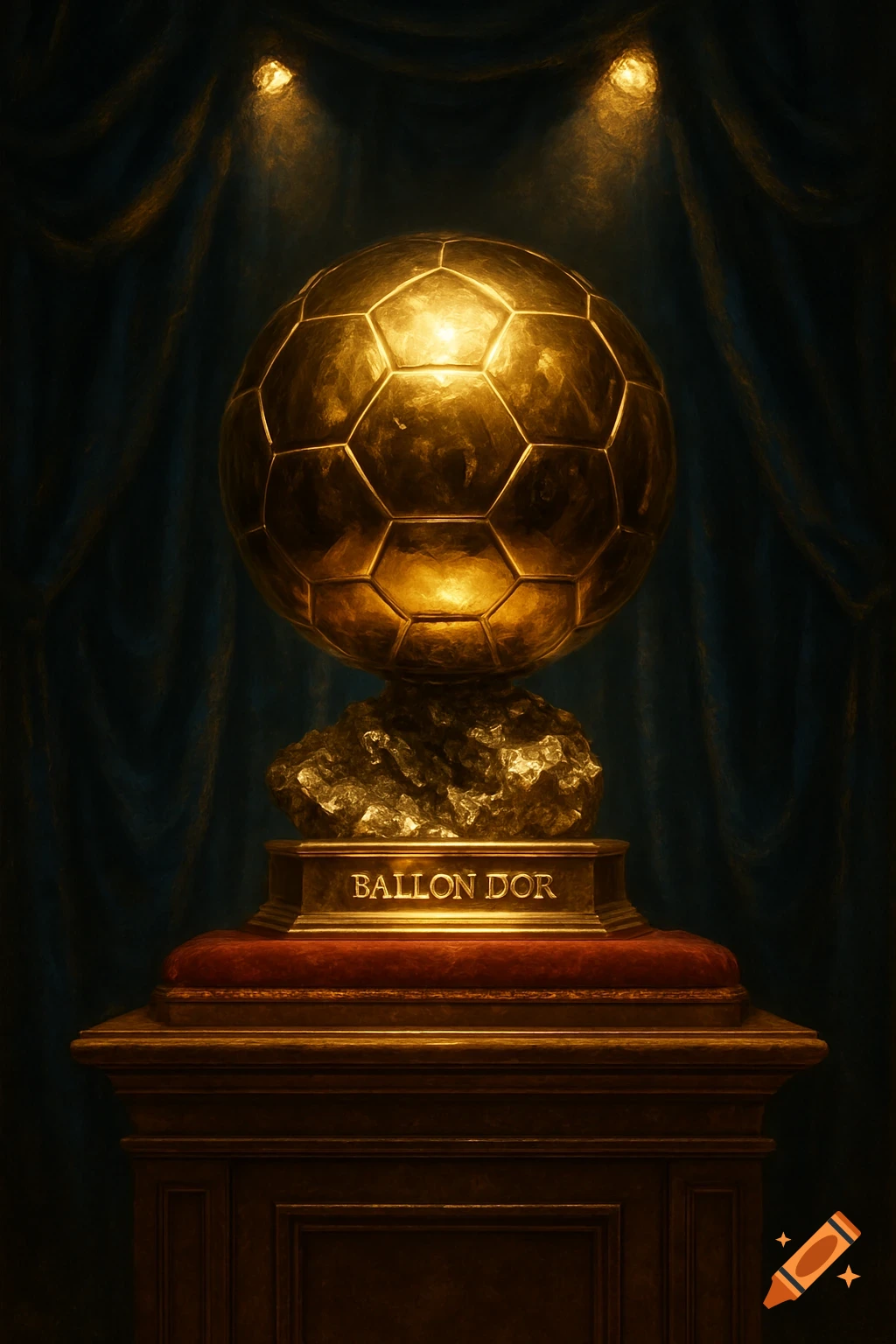 A gleaming golden Ballon d'Or trophy with a football-shaped top, resting on a red velvet cushion and a wooden pedestal, lit by spotlights against a dark blue curtain.
