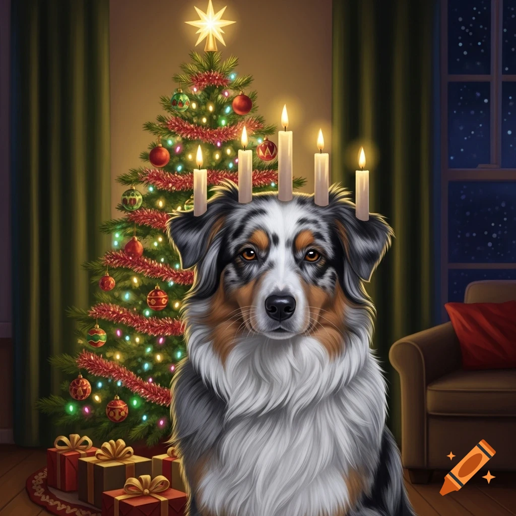A Blue Merle Australian Shepherd dog with five lit candles on its head sits in front of a decorated Christmas tree.