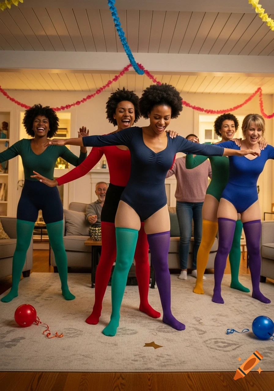 A group of cheerful women in colorful leotards and thigh-high stockings pose and laugh at an indoor party, with a man watching.