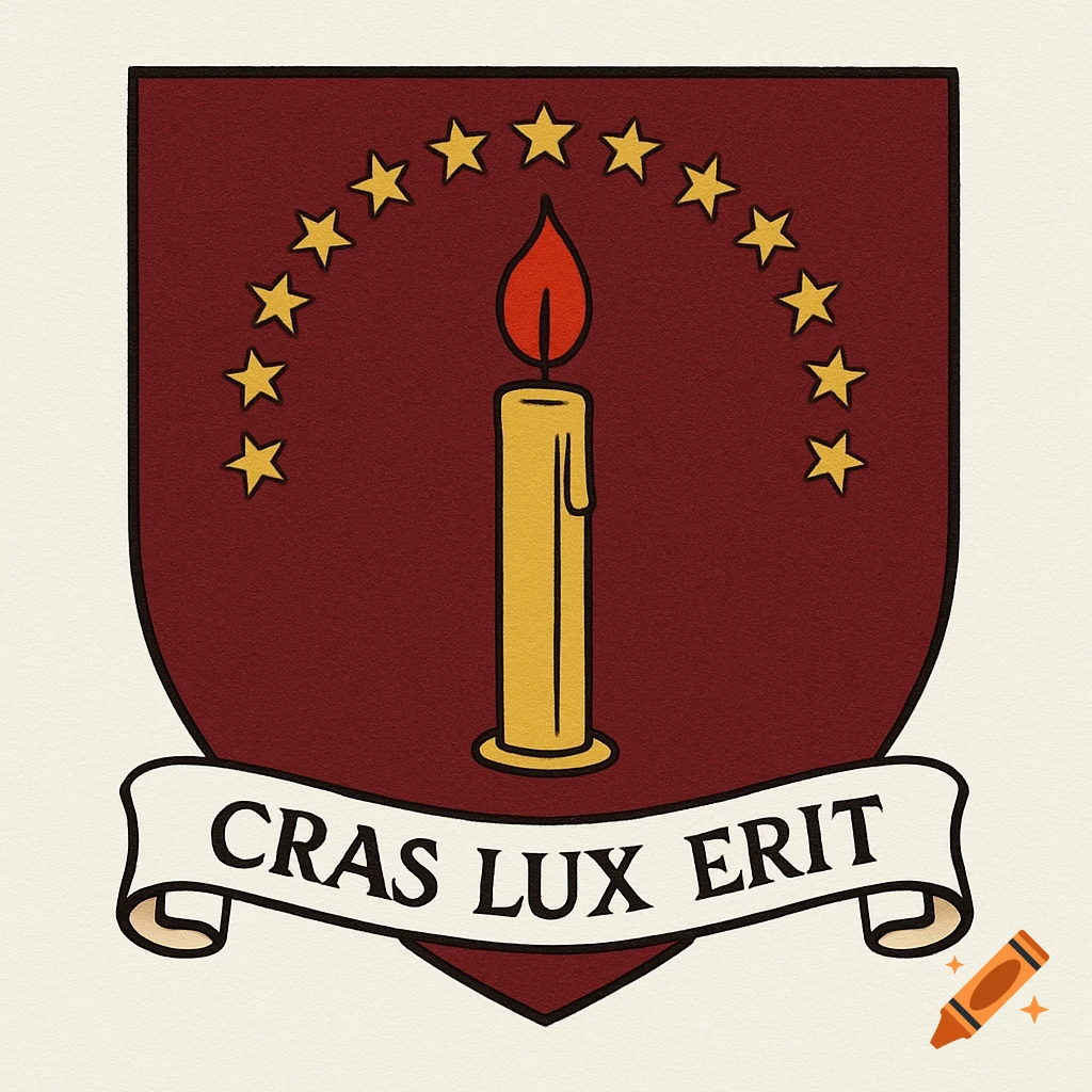 A stylized medieval heraldic shield features a golden candle with a red flame, surrounded by golden stars on a deep red field. A white banner reads 'CRAS LUX ERIT'.