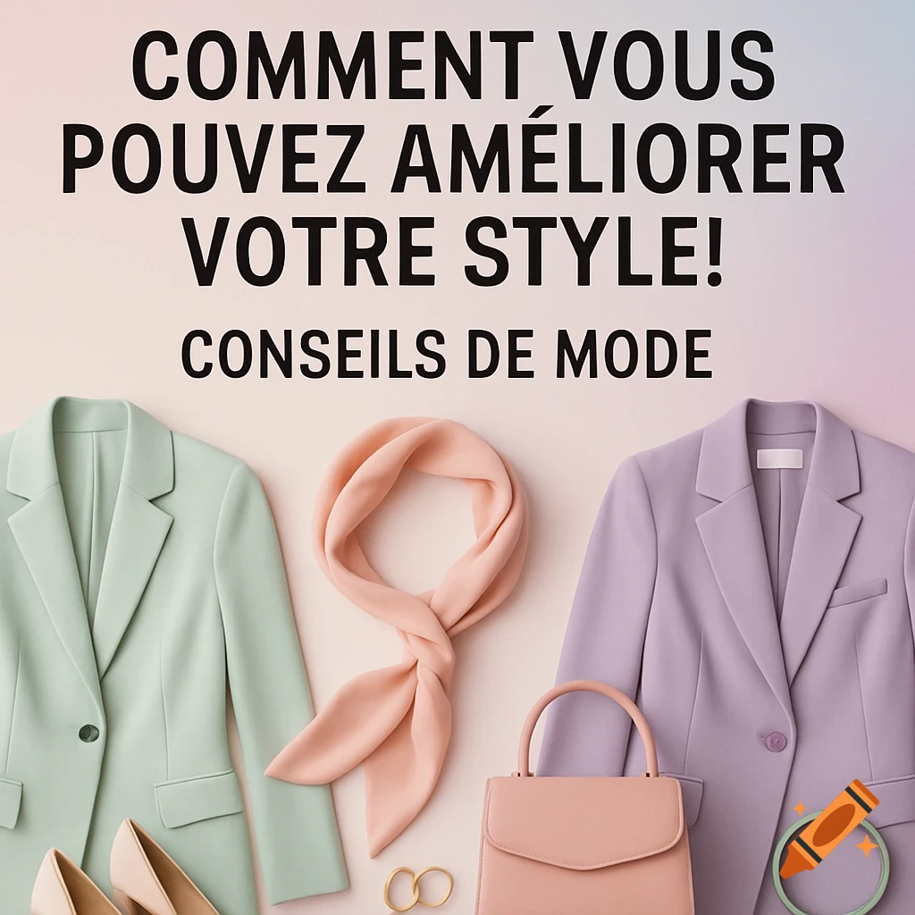 A flat lay of pastel fashion items including light green and lavender blazers, a pink scarf, a pink handbag, nude heels, and jewelry, with French text: "How you can improve your style! Fashion tips."