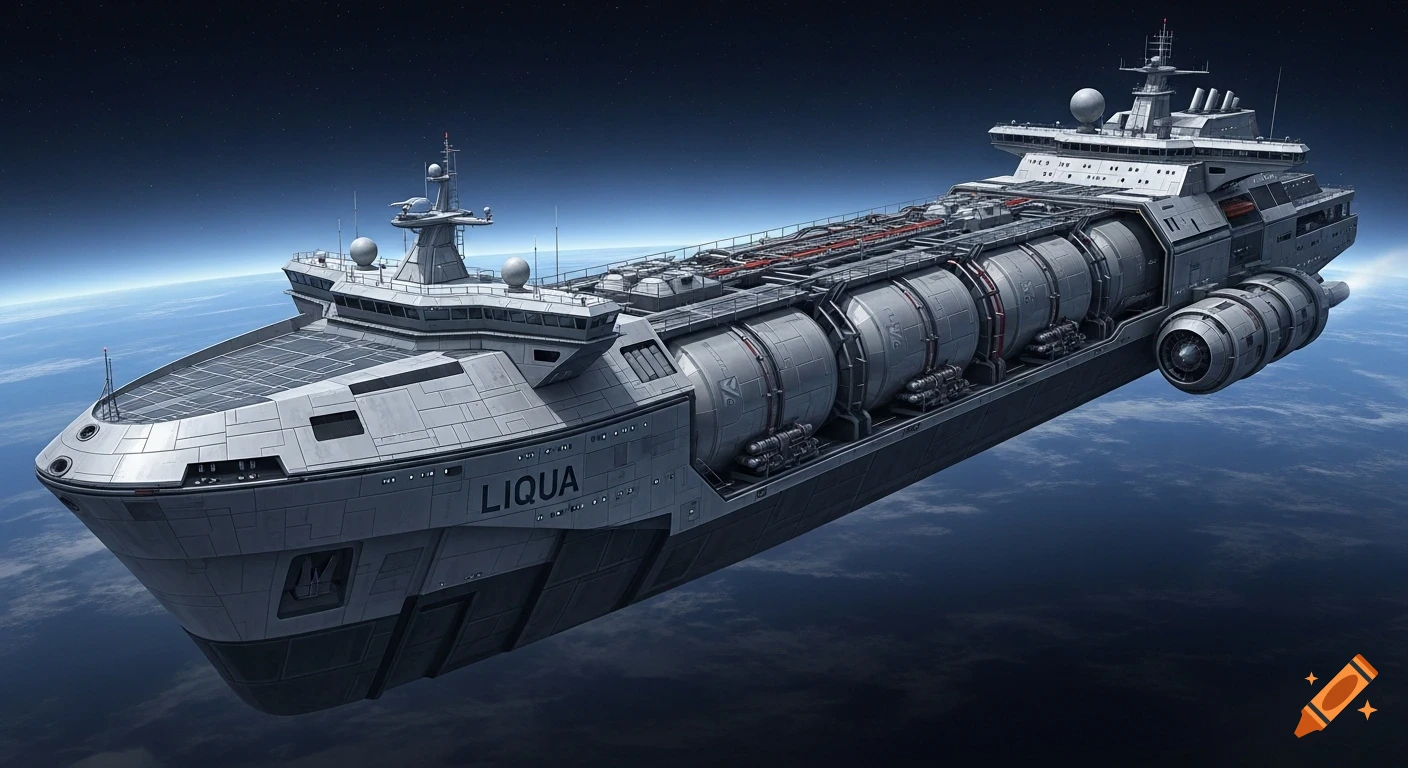 A large, detailed metallic silver-gray futuristic cargo spaceship named Liqua, with cylindrical tanks, orbits a blue planet.