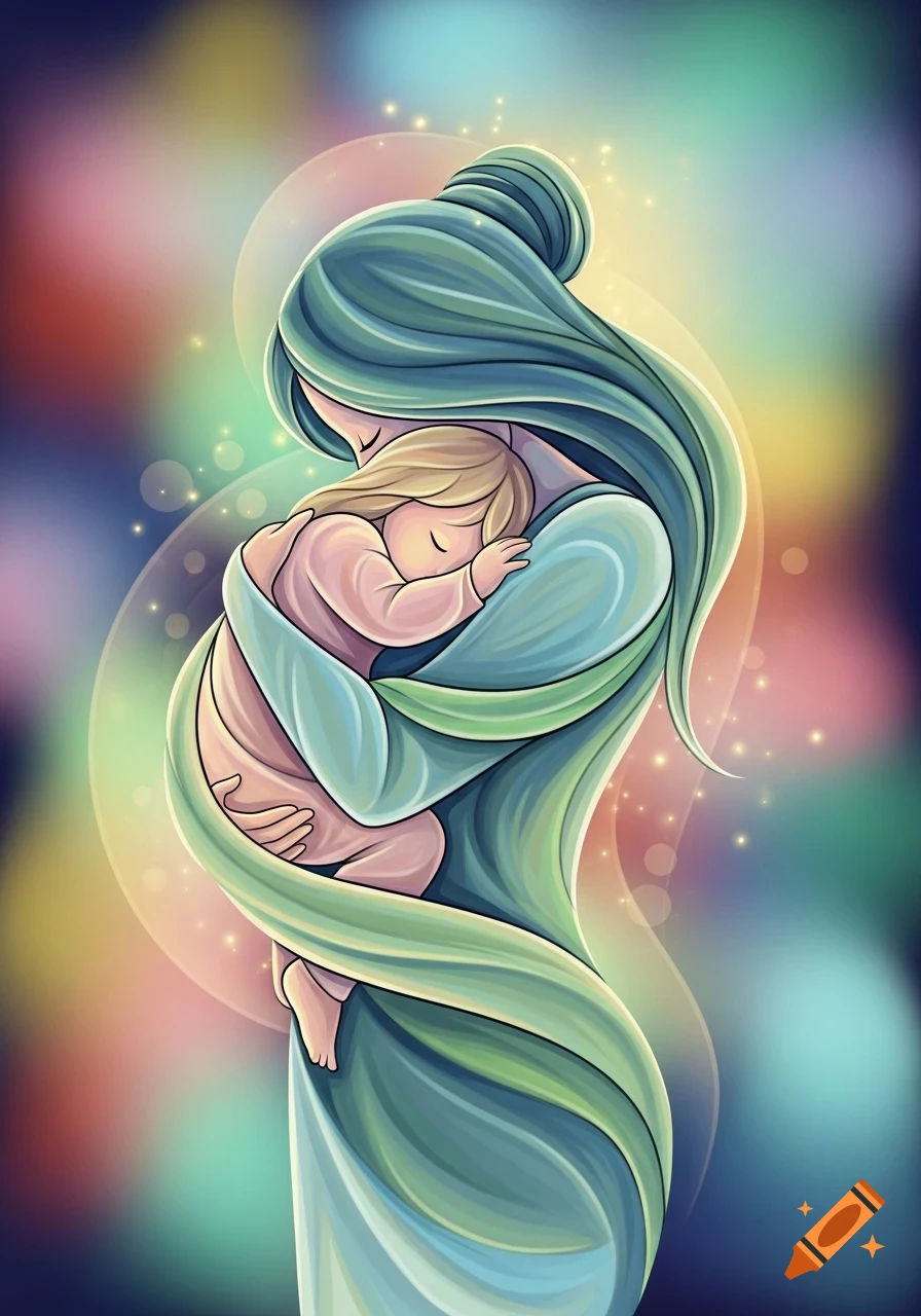 Abstract illustration of a loving mother with long flowing hair holding her sleeping baby, surrounded by warm, glowing colors.