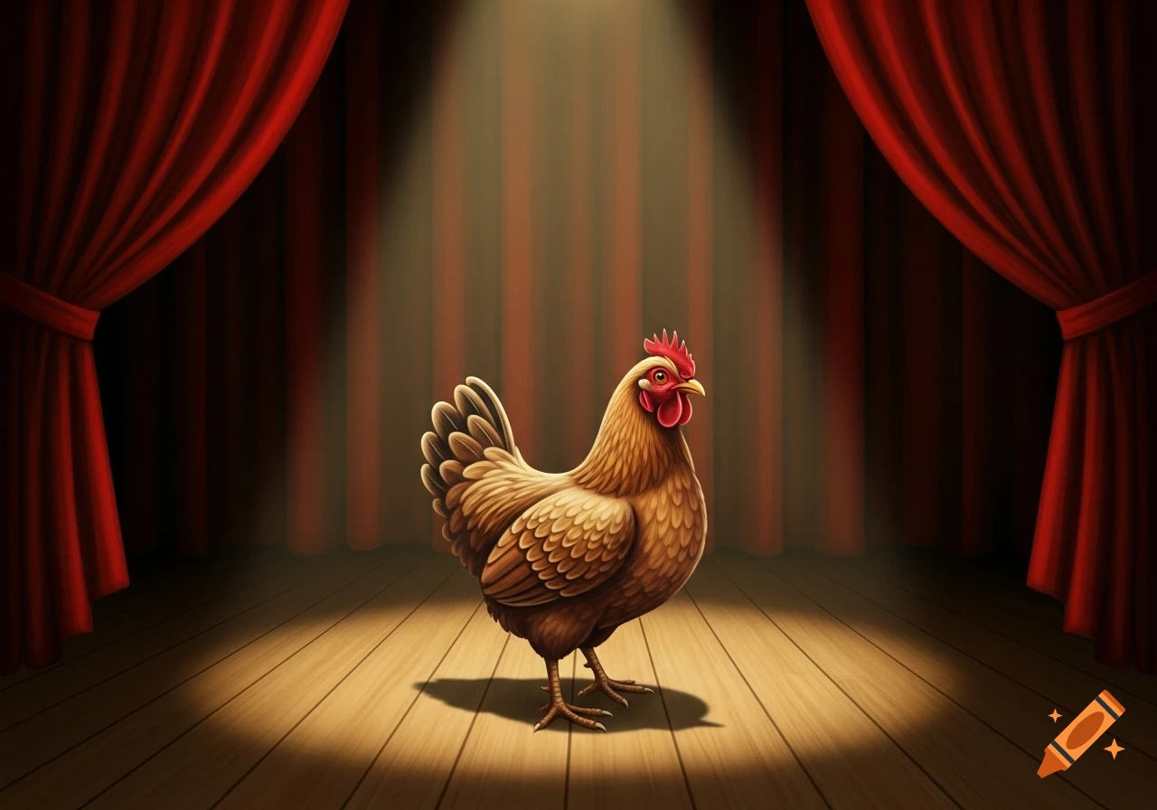A brown chicken stands centered on a spotlighted wooden stage with red velvet curtains in the background.