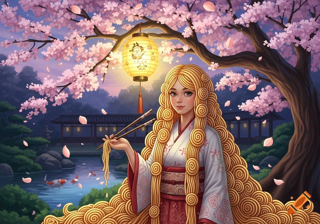 A girl with ramen-like blonde hair in a kimono holds chopsticks under a cherry blossom tree and a lantern in a Japanese garden.