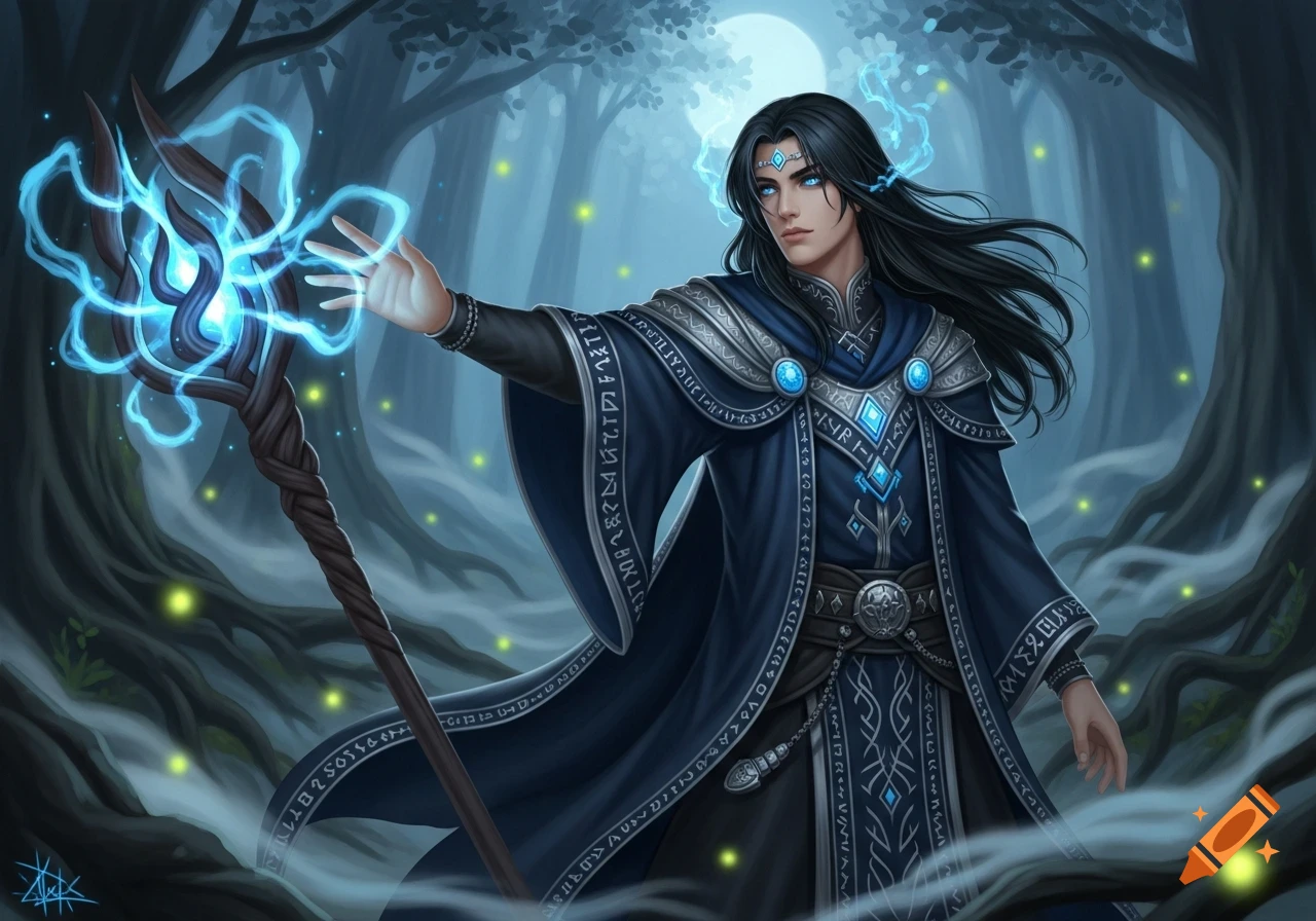 A dark-haired fantasy mage in a blue robe with glowing blue magic and a staff stands in an enchanted forest under a full moon.