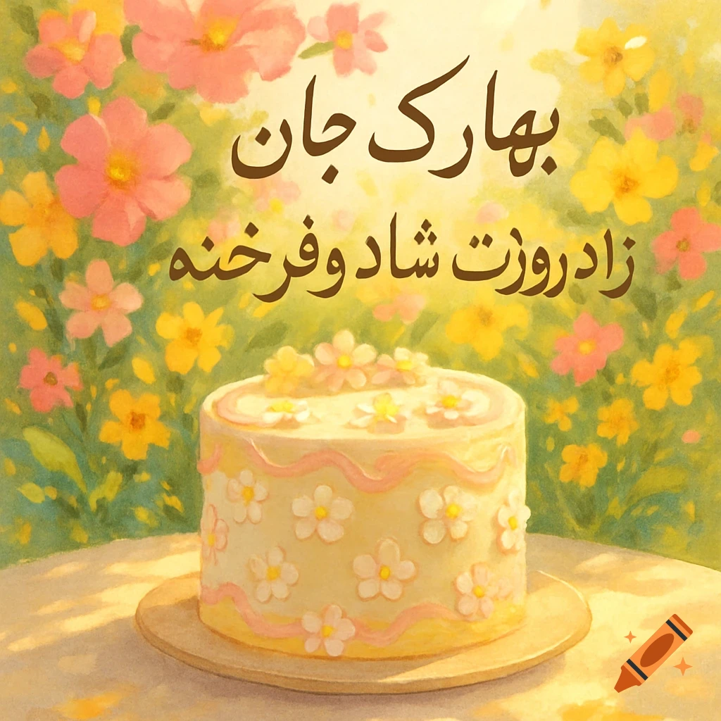 A stylized birthday cake decorated with white and pink flowers, against a backdrop of colorful flowers, featuring Persian text.