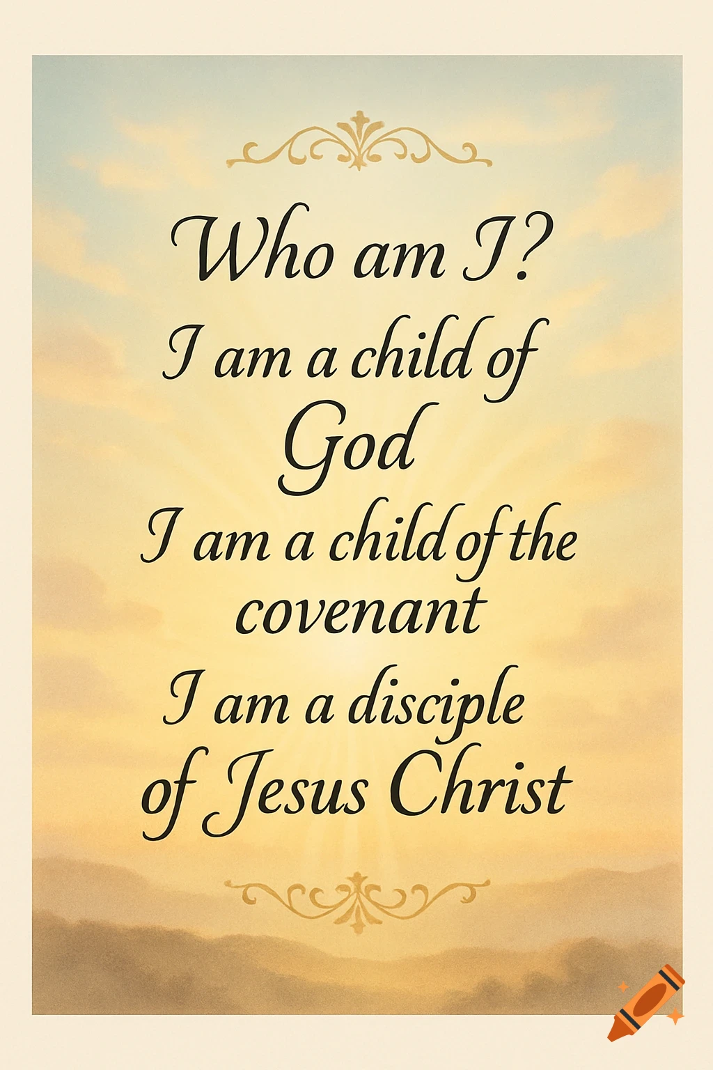 A poster with the quote 'Who am I? I am a child of God, I am a child of the covenant, I am a disciple of Jesus Christ' against a bright sky and mountain landscape.