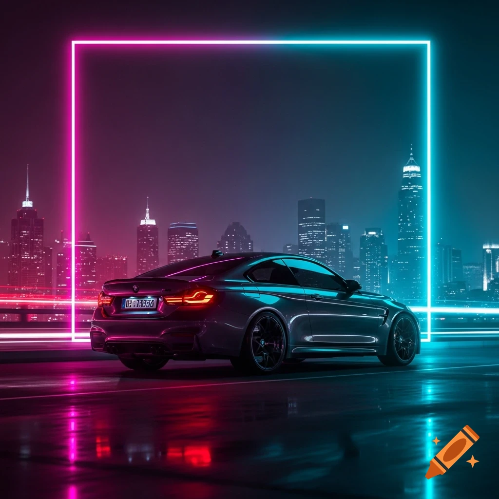 A dark BMW M4 car on a wet city street at night, framed by glowing neon pink and cyan lights against a blurred skyline.