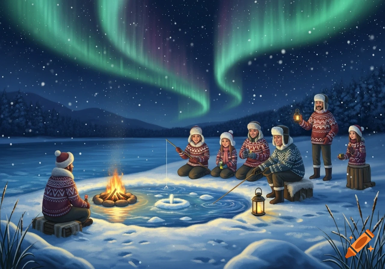 An illustration of a group of people ice fishing around a campfire on a snowy lake under vibrant green and purple Northern Lights.