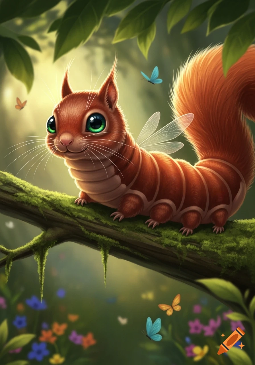 A whimsical squirrel-caterpillar creature with fairy wings sits on a mossy branch in a magical forest with butterflies, digital art.