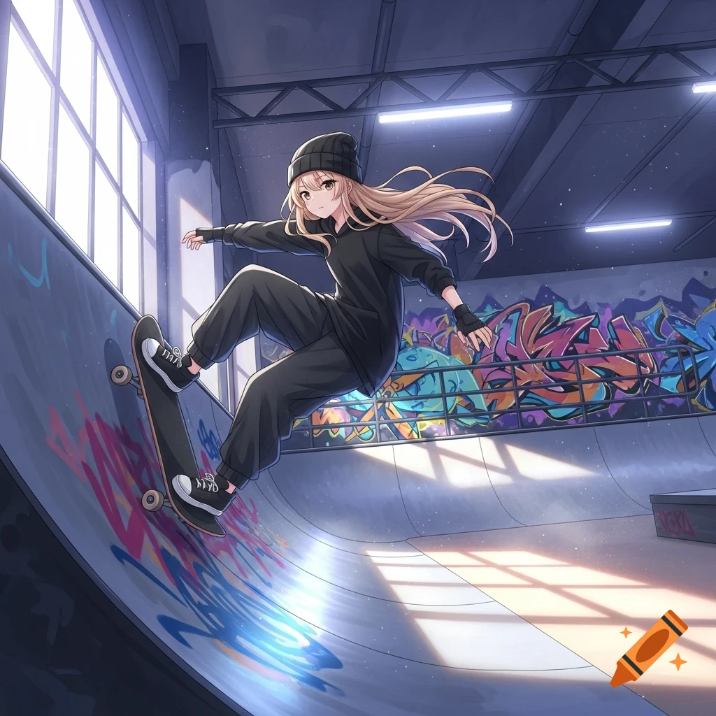 An anime girl with long blonde hair in a black beanie and loose black clothes skateboards on a curved ramp in an indoor skate park with graffiti.