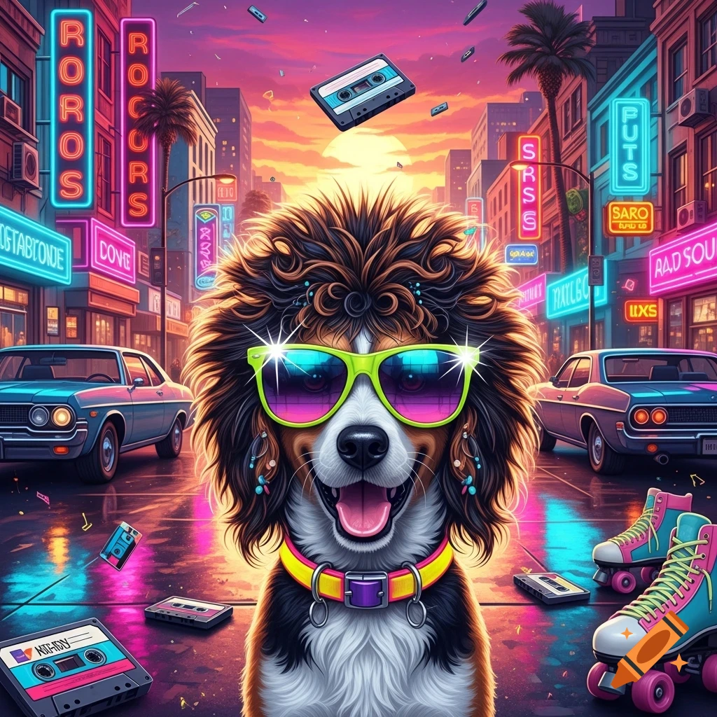 A cool dog in neon sunglasses and a fluffy hairstyle stands on a vibrant synthwave street with cassette tapes, old cars, and roller skates.