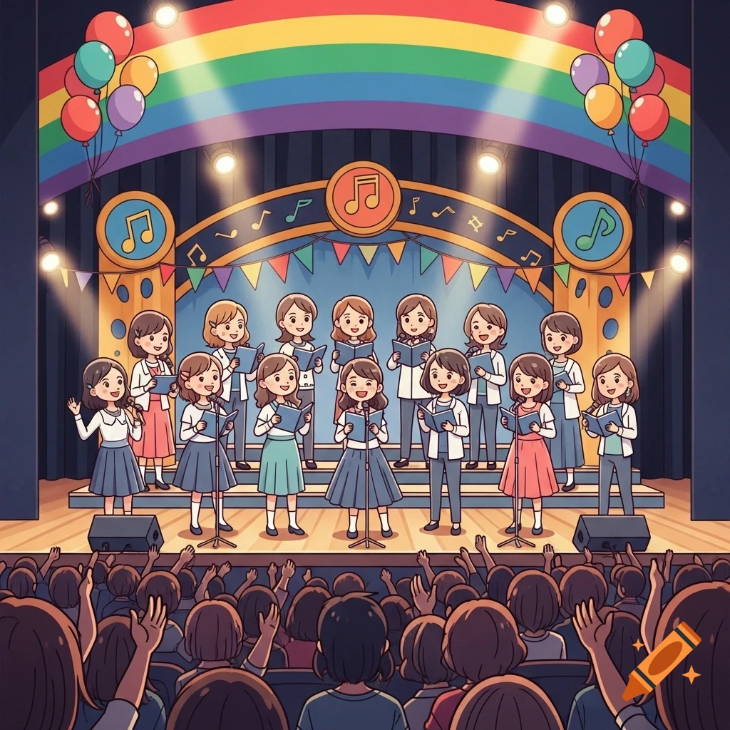 A cartoon women's choir performs on a stage with a rainbow backdrop and balloons, while an audience watches.