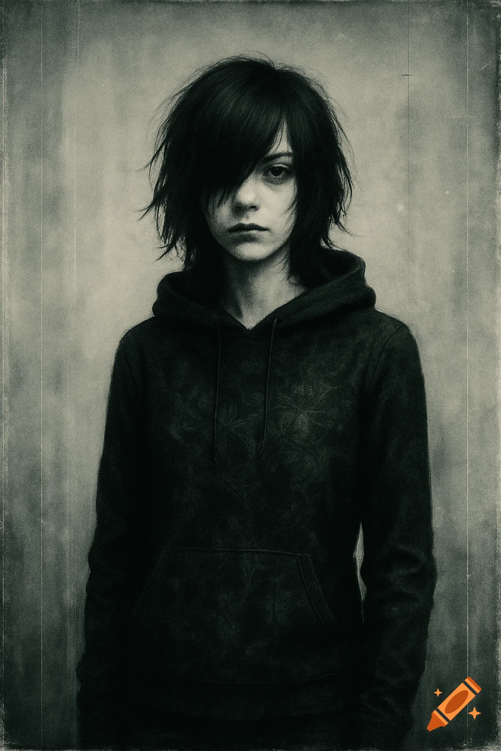 Black and white gritty portrait of a person with shaggy dark hair and a dark hoodie, in a vintage film style.
