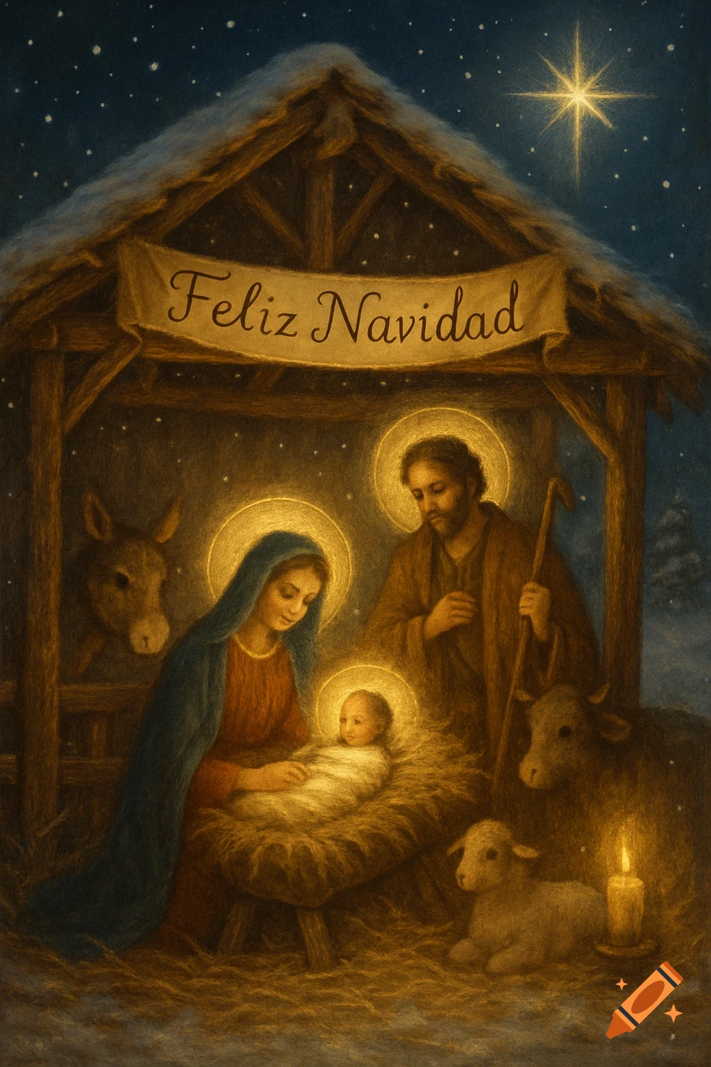 A detailed, painterly nativity scene with Mary, Joseph, baby Jesus in a manger, animals, and a "Feliz Navidad" banner.
