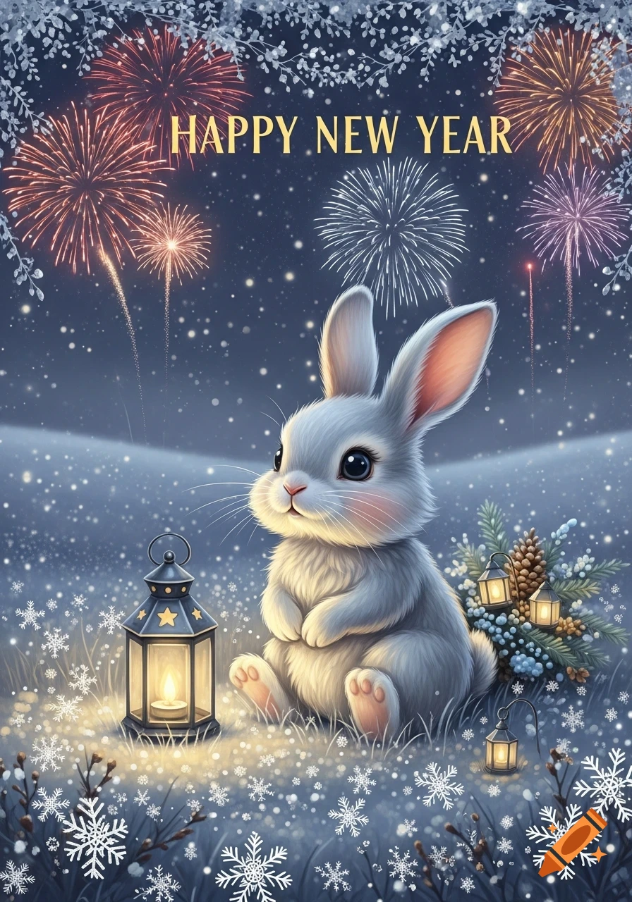 Cute fluffy bunny in snow with lanterns, fireworks, and 'Happy New Year' text. Illustration.