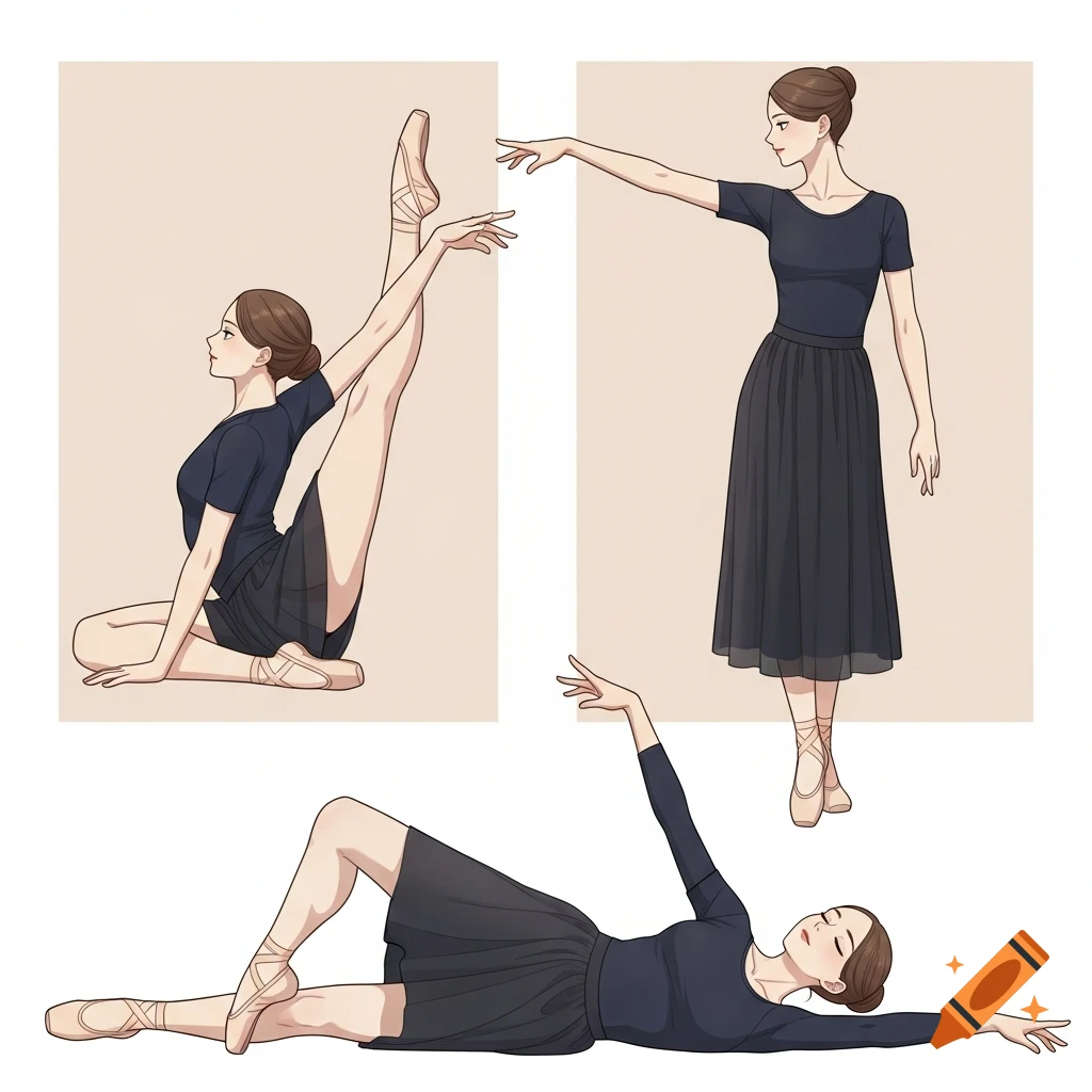 Three anime-style illustrations of a ballerina in black practice clothes performing different poses: sitting with an extended leg, standing, and lying down.
