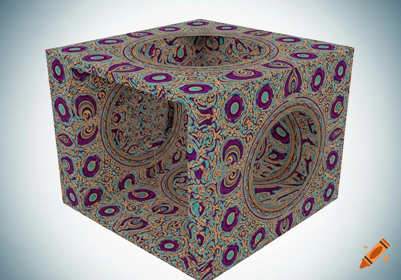 A 3D rendered cube covered in intricate, swirling purple, teal, gold, and orange patterns with large circular cutouts.