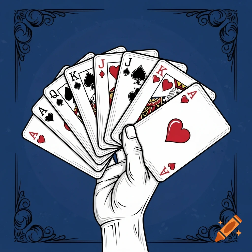 Illustration of a hand holding a fan of poker cards, featuring an Ace of Hearts, against a dark blue background with ornate corners.