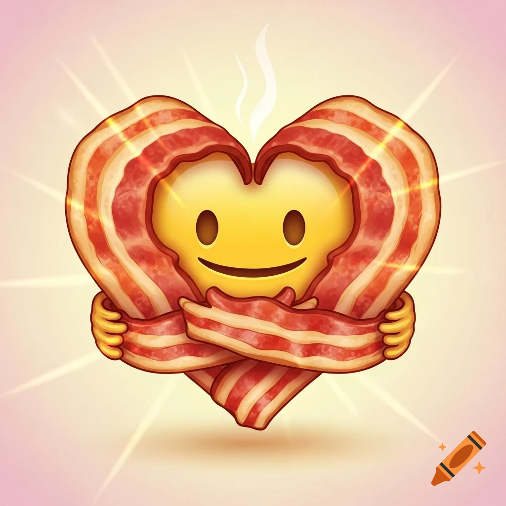 A cartoon bacon heart emoji with a happy face, hugging itself, surrounded by glowing rays.
