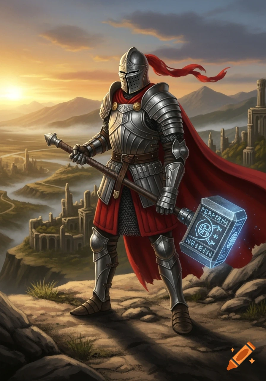 Armored knight in a red cape stands on a cliff, holding a glowing hammer, overlooking a fantasy landscape with ruins at sunset.