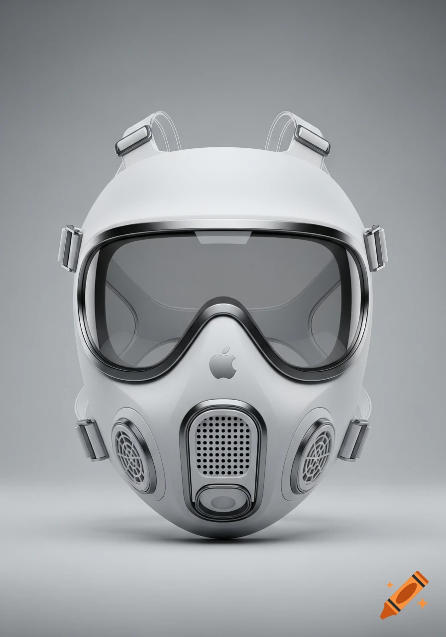 A sleek, white gas mask with a prominent Apple logo, featuring dark lenses and metallic accents, against a grey background.