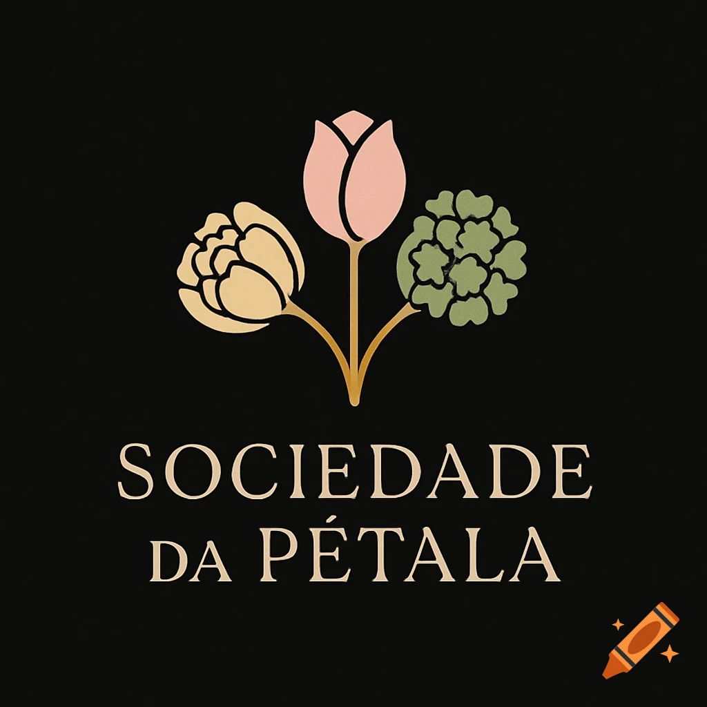 A minimalist logo with three stylized flowers, a peony, tulip, and hydrangea, with the text "SOCIEDADE DA PÉTALA" on a black background.