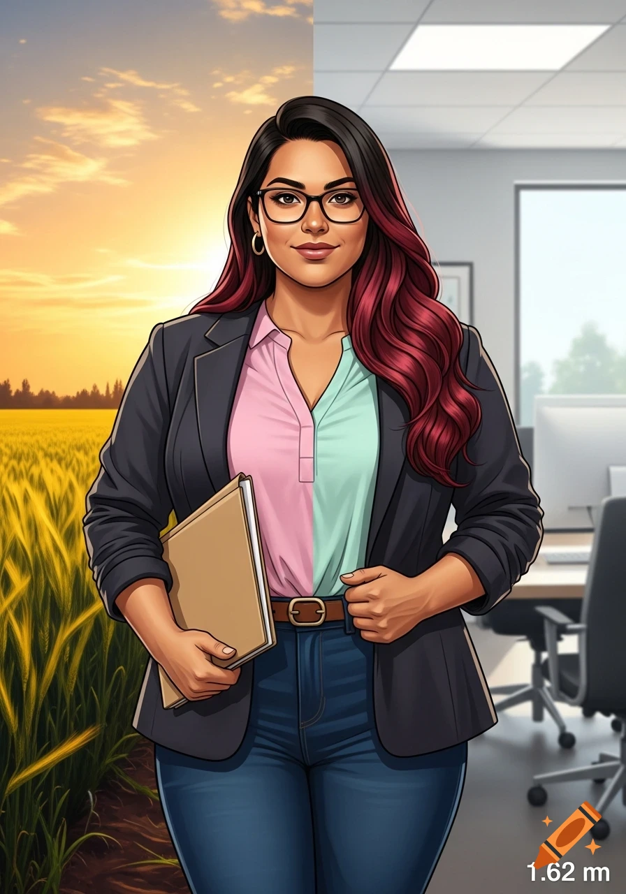 A cartoon illustration of a Latina woman with dark red hair and glasses, wearing a blazer over a pink and teal shirt, holding a folder. She stands against a split background: a golden field at sunset on the left and a modern office on the right, with "1.62 m" in the bottom right.