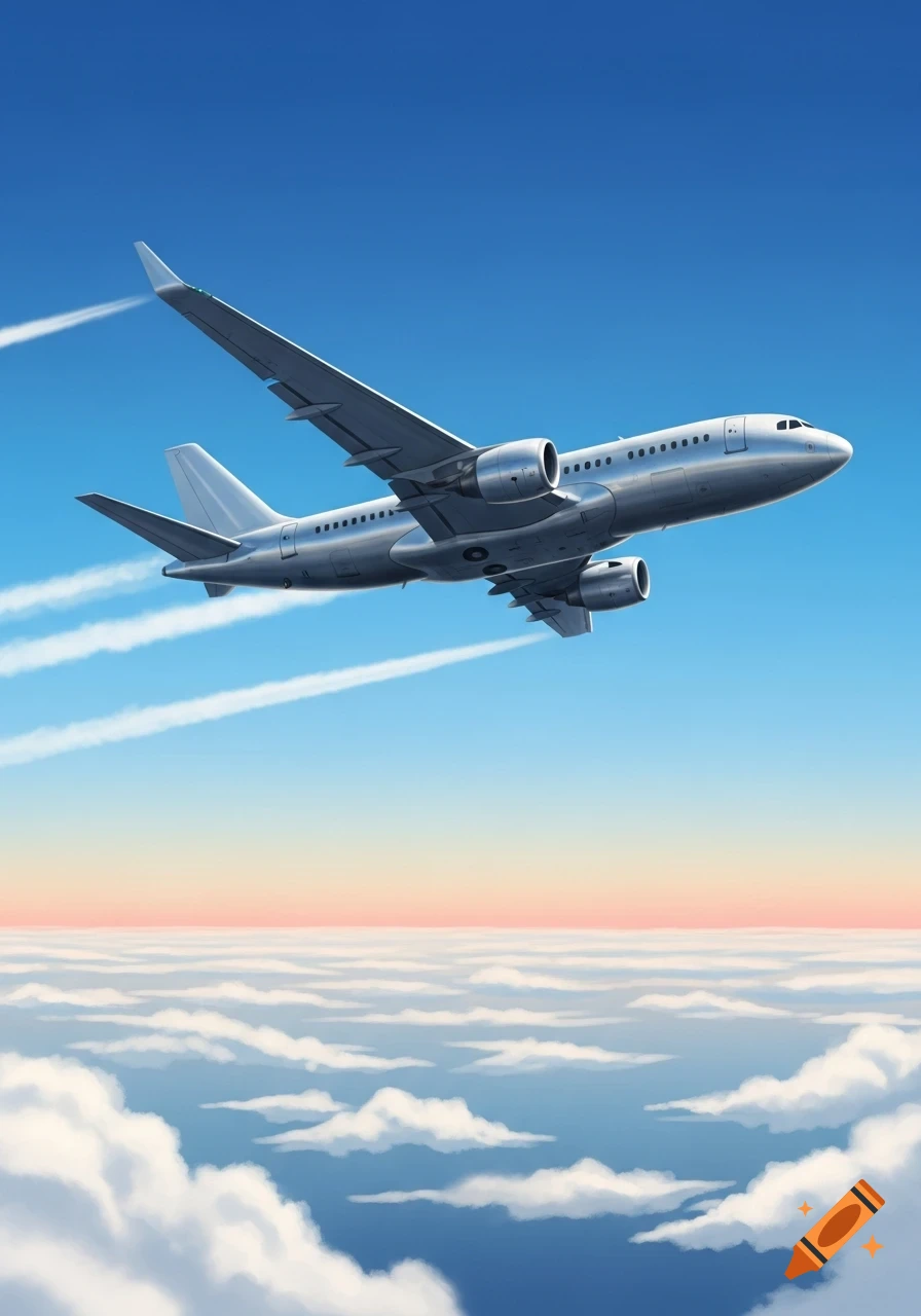 A silver airplane flies over a layer of white clouds under a blue sky with a pink horizon.