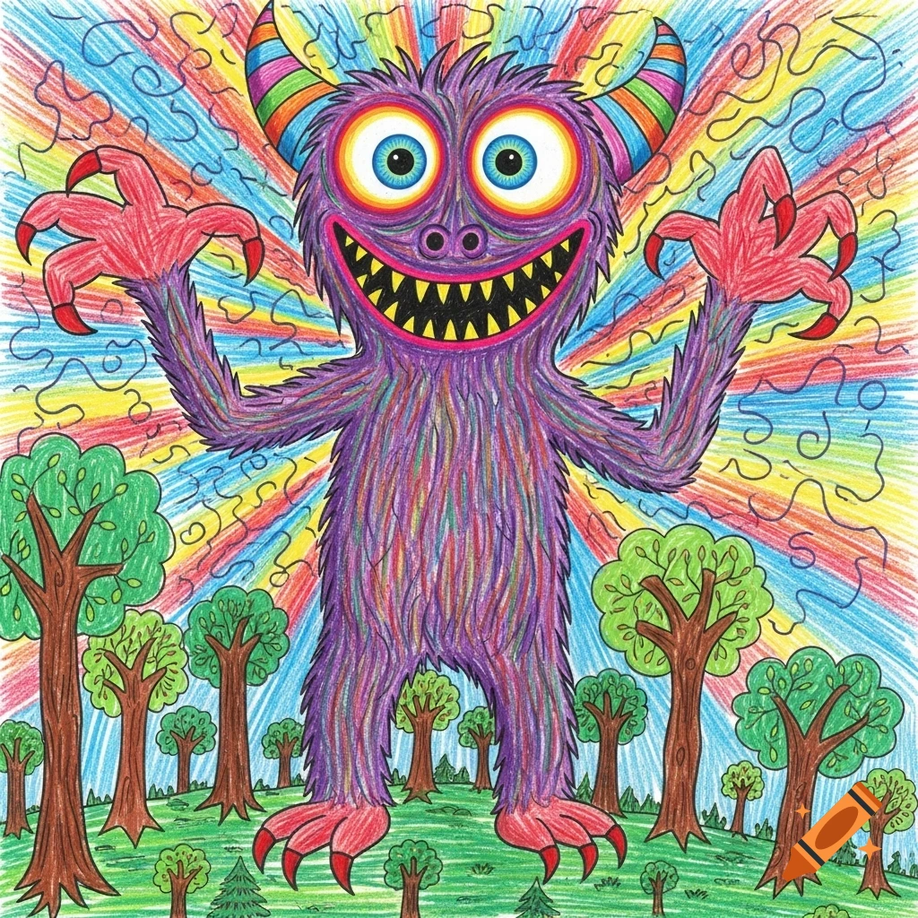 A colorful, fuzzy purple monster with large blue eyes and a wide, toothy grin stands in a green forest with a crayon-scribble rainbow background.