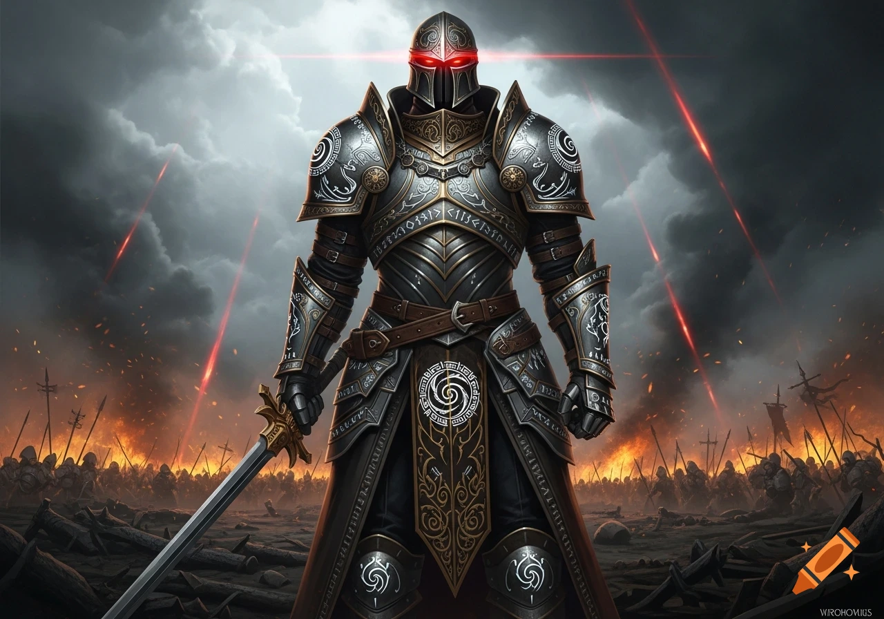 A dark fantasy art image featuring a heavily armored knight with glowing red eyes, holding a sword, standing on a burning battlefield under a stormy sky.