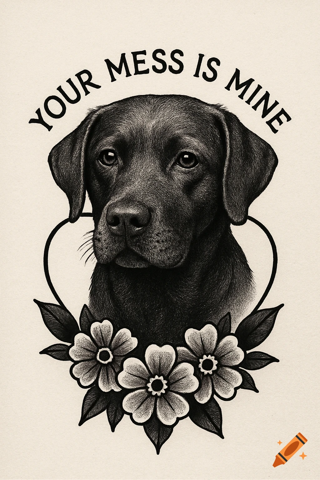 Black and grey tattoo design of a Labrador head inside a heart, surrounded by flowers, with the text "YOUR MESS IS MINE" above.