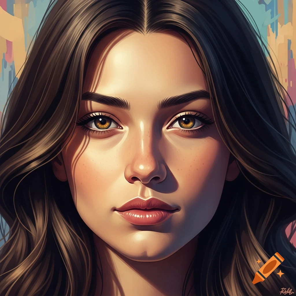Close-up digital art portrait of a young woman with long brown hair ...