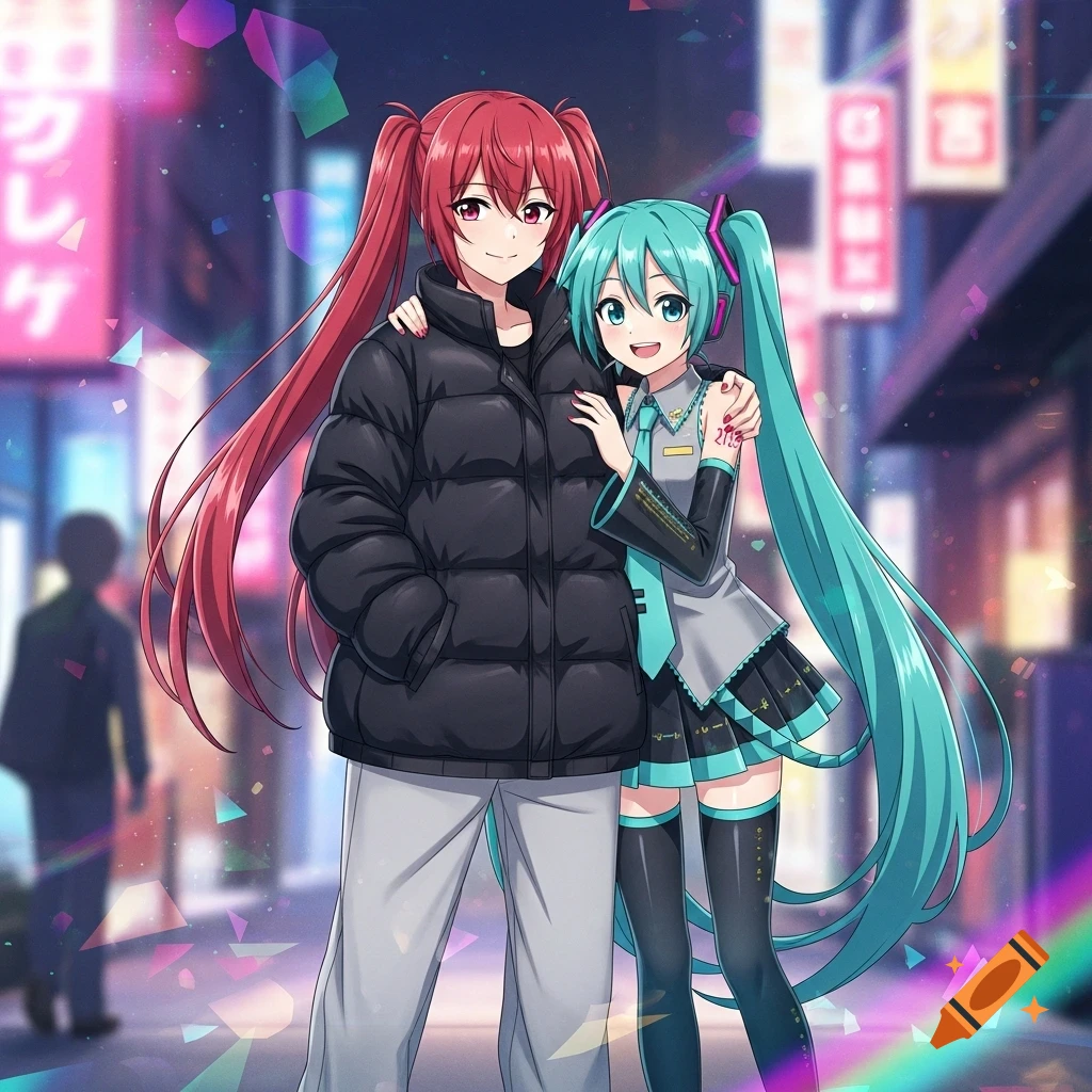 Anime drawing of Kasane Teto in a black puffy jacket with her arm around Hatsune Miku in her standard outfit, smiling on a neon-lit street.